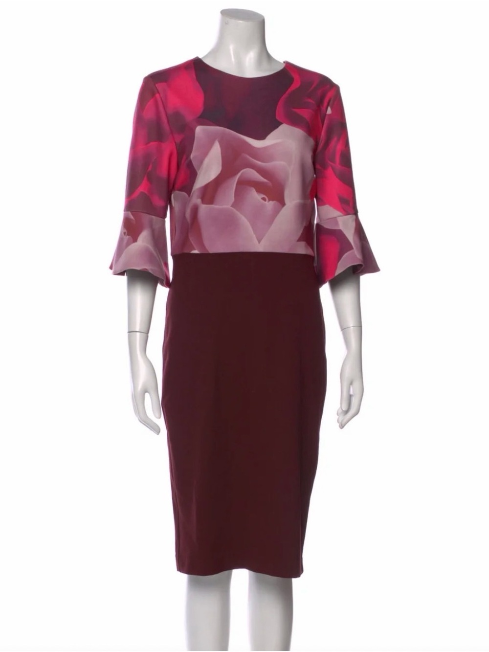 Ted Baker Rose-Print Pink and Burgundy Midi Sheath Dress
